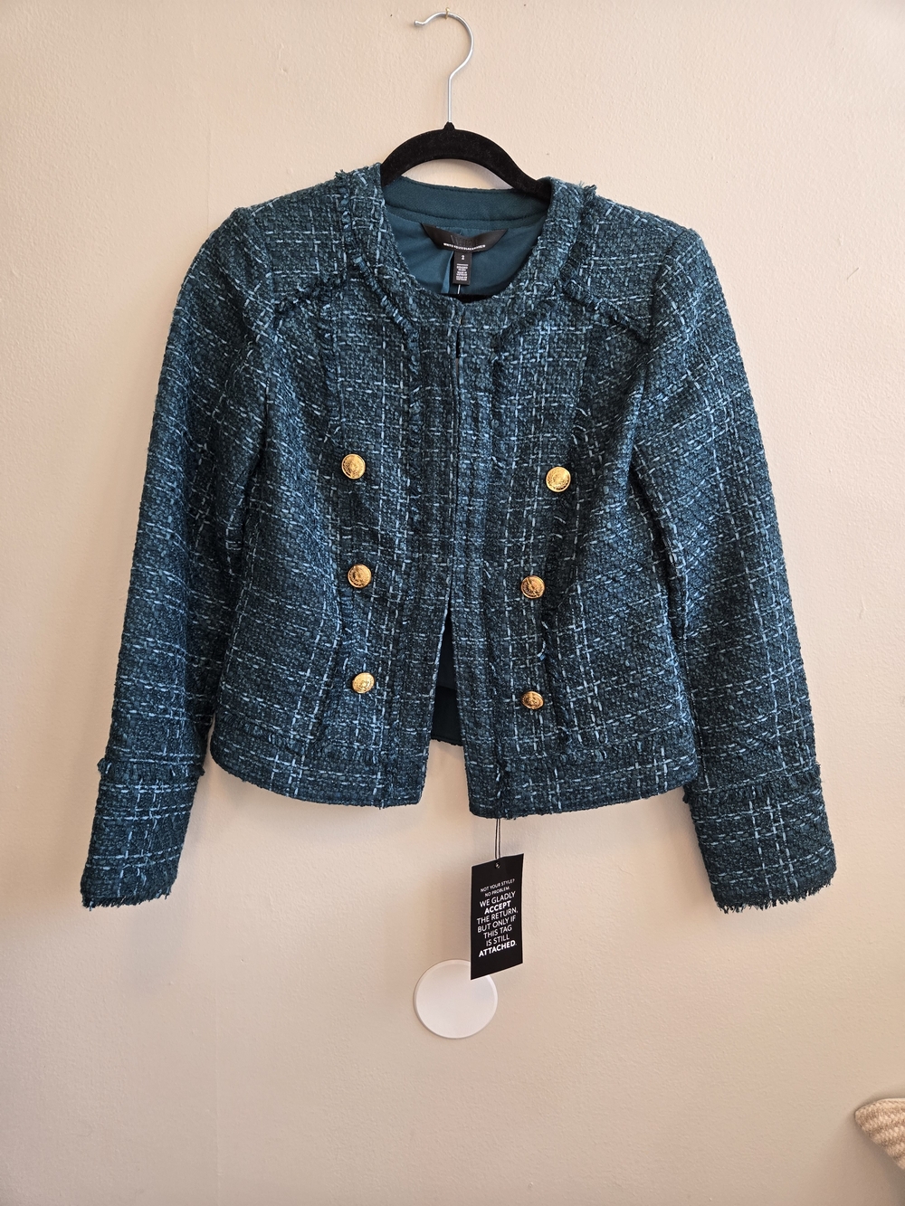 *NWT* WHBM Teal Tweed Double-Breasted Jacket, SZ 2